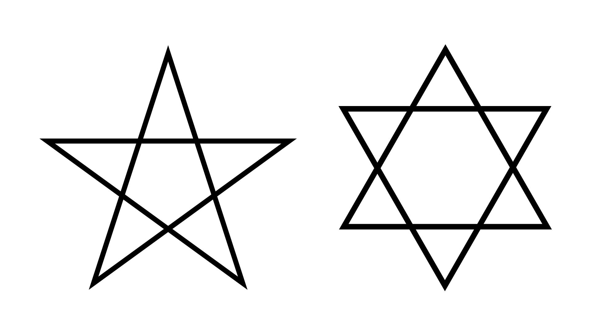 Po lewej stronie znajduje się pentagram, po prawej heksagram.