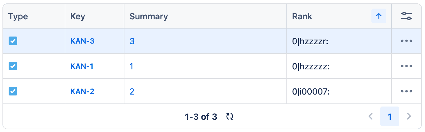 Tabela z listą zadań w Jirze. Kolumny: Typ, Klucz, Podsumowanie, Ranking. Wiersze: KAN-3 z podsumowaniem "3" i rankingiem "0|hzzzzr:", KAN-1 z podsumowaniem "1" i rankingiem "0|hzzzzz:", KAN-2 z podsumowaniem "2" i rankingiem "0|i00007:". Widoczny zakres: 1-3 z 3.