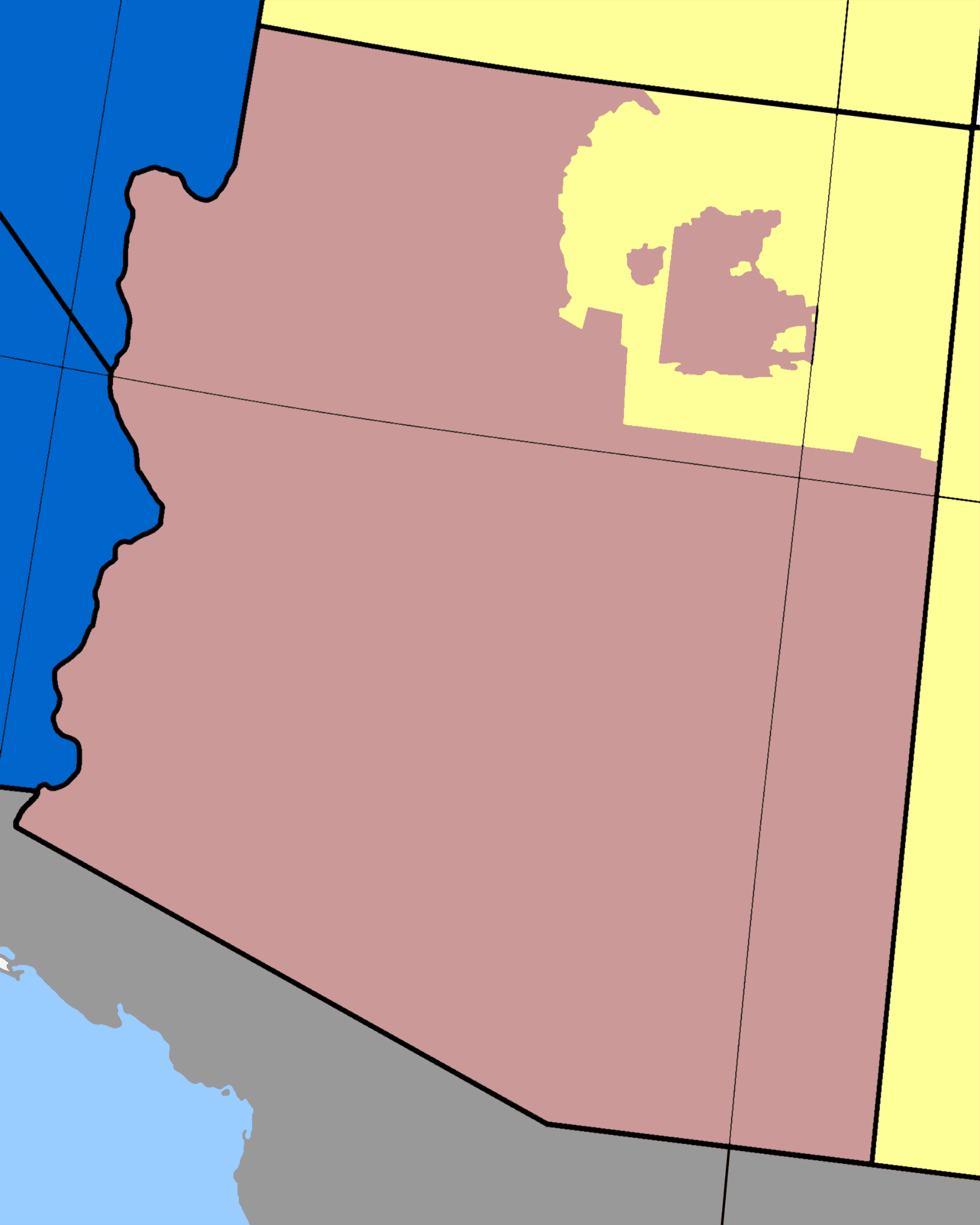 Mapa stanu Arizona w USA z zaznaczonymi jego strefami czasowymi