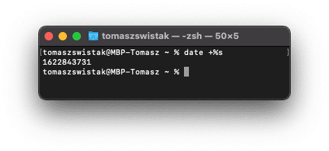 Terminal z macOS z uruchomionym poleceniem 'date +%s'