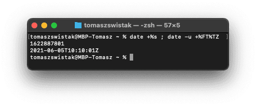 Terminal z macOS z uruchomionym poleceniem 'date +%s ; date -u +%FT%TZ'