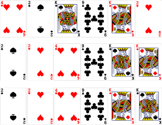 Trzy rzędy kart do gry. Pierwszy rząd: 4 kier, 2 pik, król pik, 9 trefl, król karo, 2 kier. Drugi rząd: 2 pik, 2 kier, 4 kier, 9 trefl, król pik, król karo. Trzeci rząd: 2 pik, 2 kier, 4 kier, 9 trefl, król karo, król pik