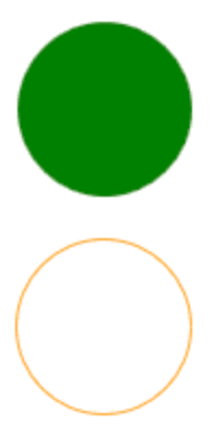 Dwa koła narysowane jedno pod drugim. Górne jest wypełnione zielonym kolorem i nie ma widocznego konturu. Dolne ma pomarańczowy kontur i brak wypełnienia.