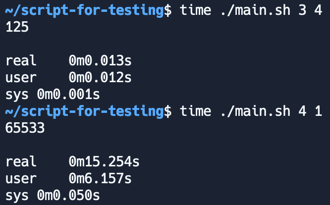 Zrzut ekranu z terminala linuksowego z wywołanymi poleceniami 'time ./main.sh 3 4' oraz 'time ./main.sh 4 1'.