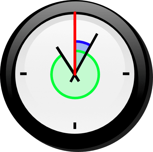 Zegar analogowy z dwoma wskazówkami — godzinową i minutową. Dodatkowo narysowano czerwoną wskazówkę wskazującą godzinę dwunastą. Między dodatkową wskazówką a dwoma pozostałymi wyznaczono kąty.