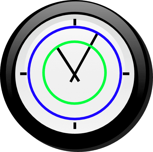 Zegar analogowy z dwoma wskazówkami — godzinową i minutową. Narysowane są dodatkowo okręgi wyznaczane przez ruch każdej ze wskazówek.