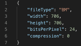 Kod w formacie JSON reprezentujący te same metadane pliku BMP, co pokazany wcześniej zapis binarny