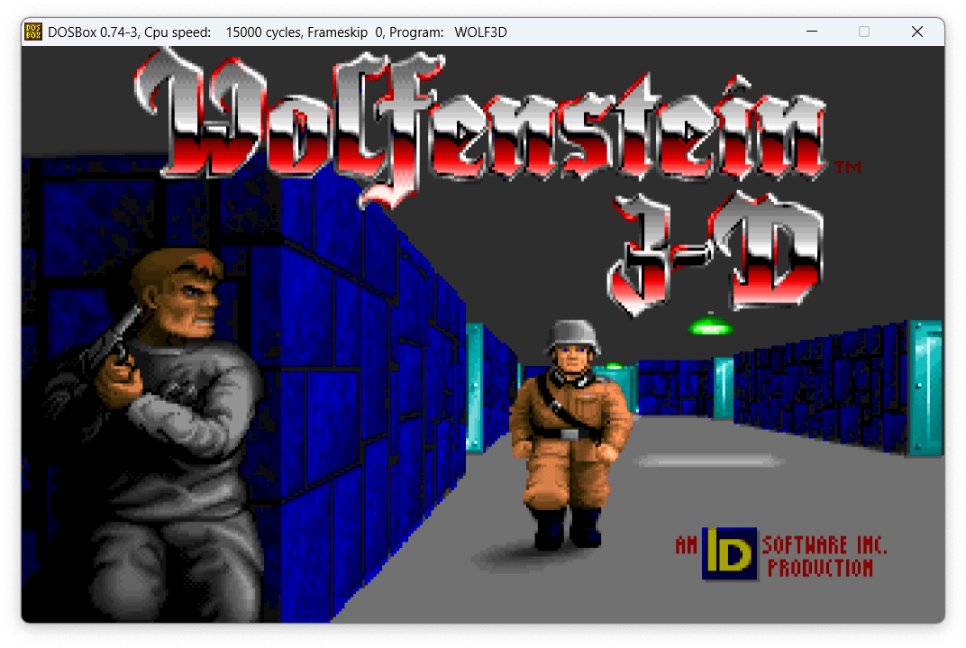 Ekran tytułowy gry Wolfenstein 3D z logo i tłem przedstawiającym żołnierzy i broń.