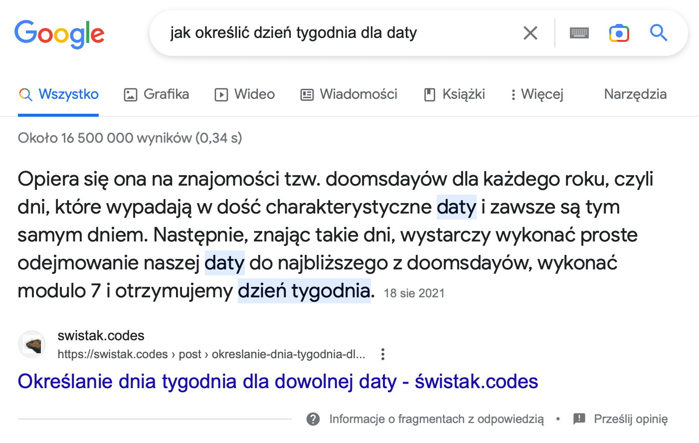 Zrzut ekranu z Google po wpisaniu frazy 'jak określić dzień tygodnia dla daty'