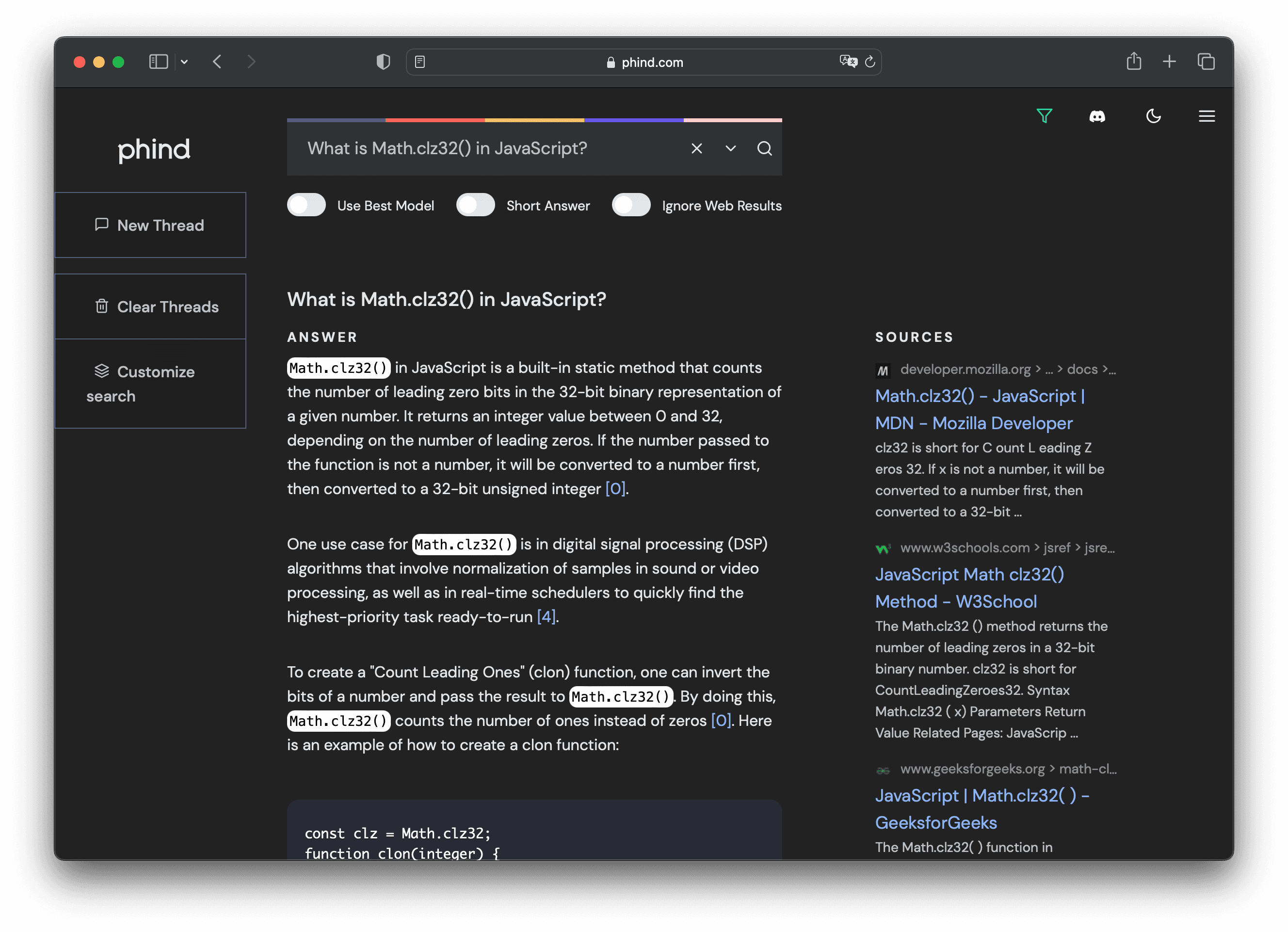 Zrzut ekranu z phind.com po wpisaniu frazy 'What is Math.clz32() in JavaScript?'