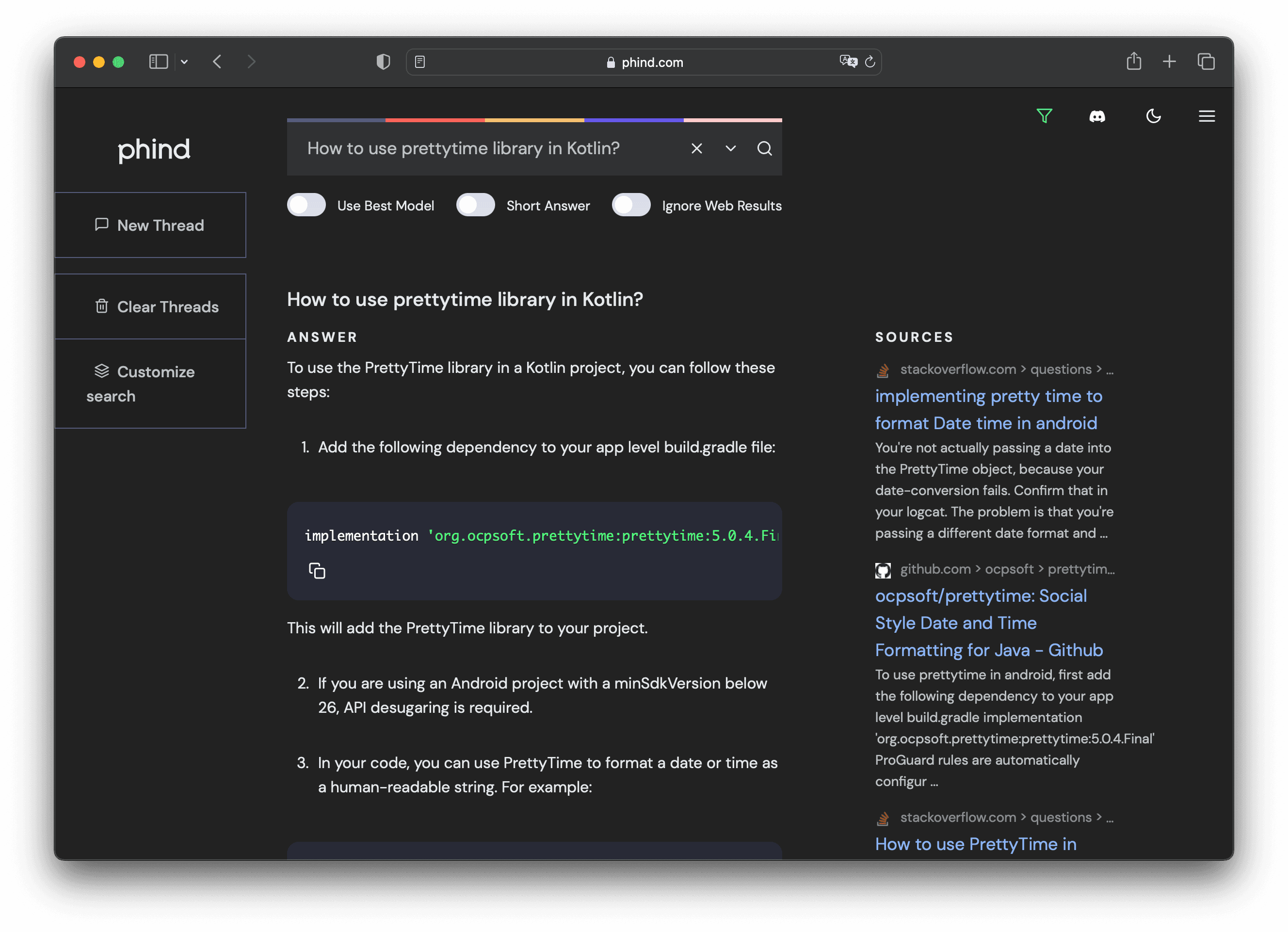Zrzut ekranu z phind.com po wpisaniu frazy 'How to use prettytime library in Kotlin?'