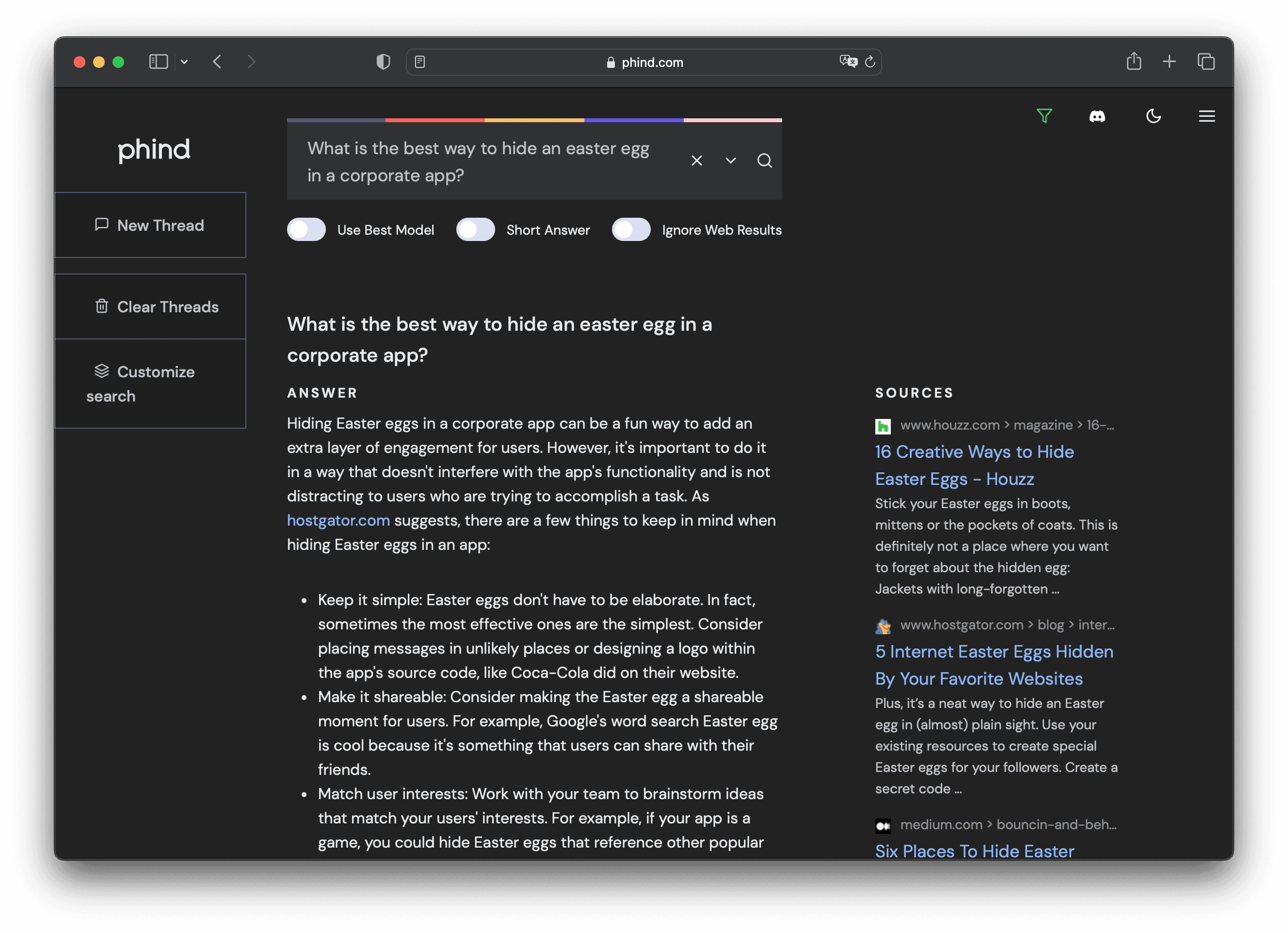 Zrzut ekranu z phind.com po wpisaniu frazy 'What is the best way to hide an easter egg in a corporate app?'