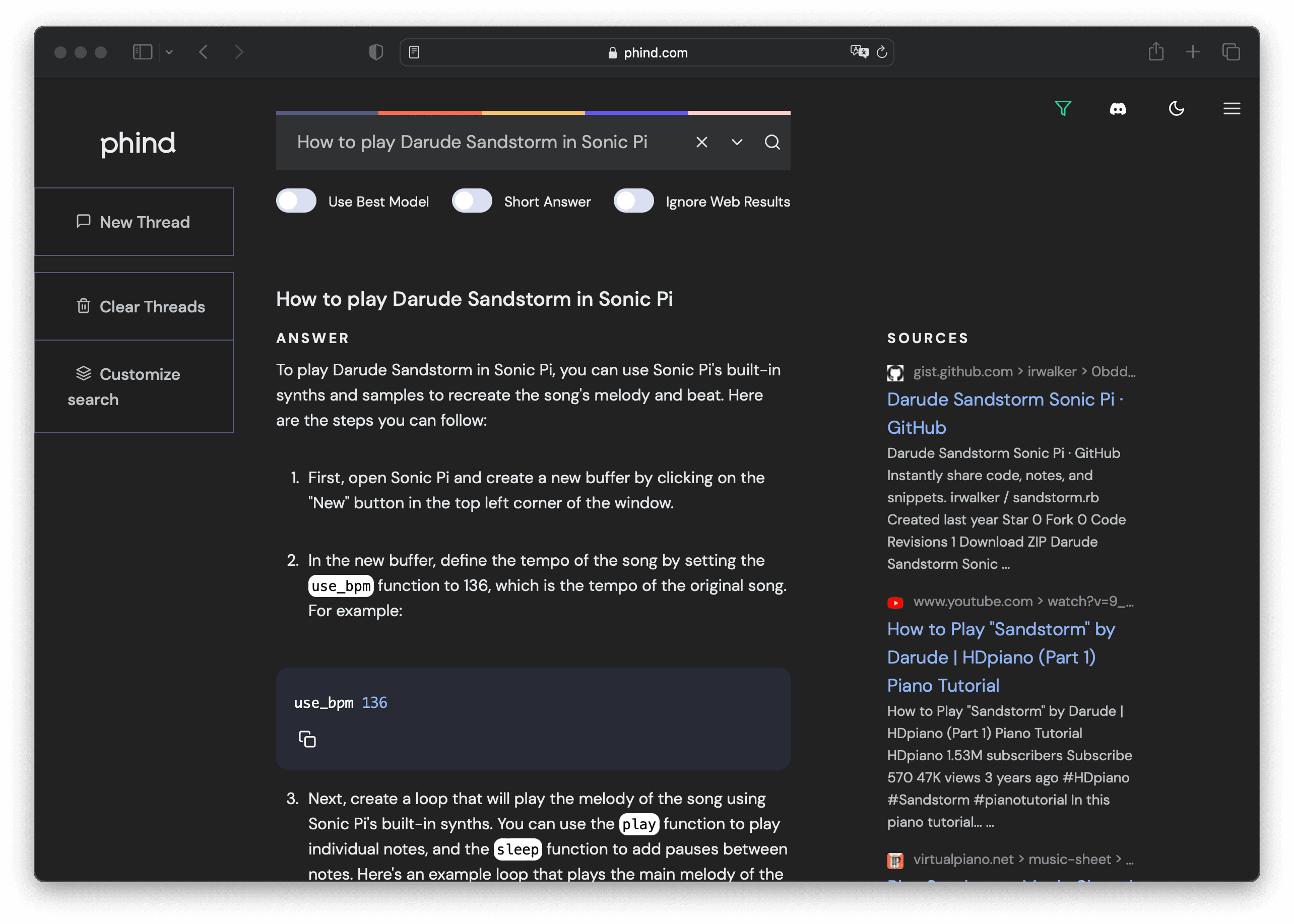 Zrzut ekranu z phind.com po wpisaniu frazy 'How to play Darude Sandstorm in Sonic Pi?'