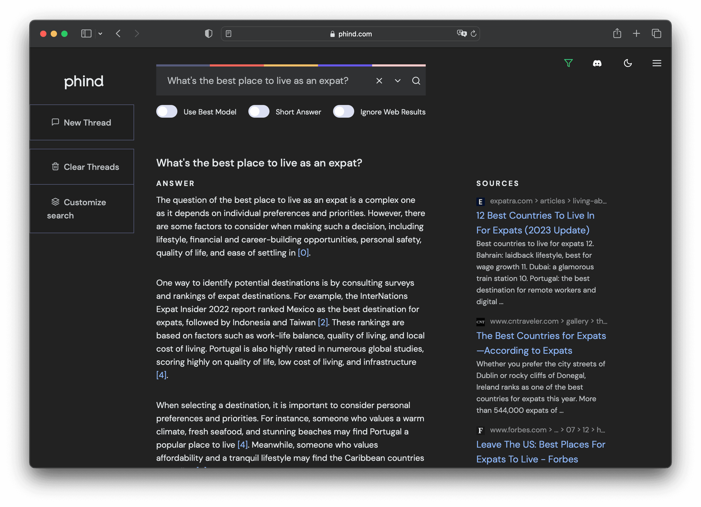 Zrzut ekranu z phind.com po wpisaniu frazy 'What's the best place to live as an expat?'